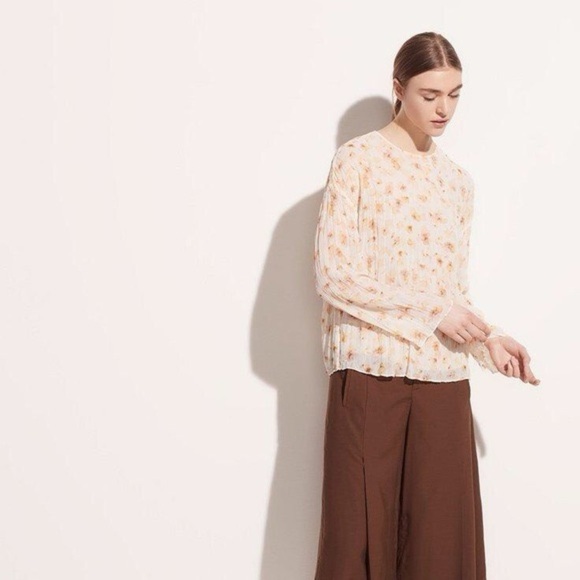VINCE Pressed Petal Blouse Yellow Floral Pleated Crinkle Semi Sheer Top Shirt L - Picture 5 of 14
